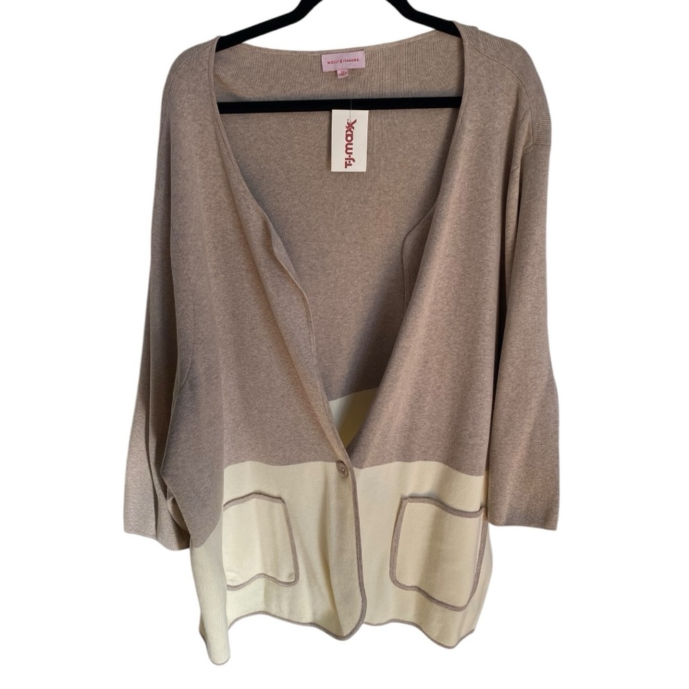 Molly & Isadora Worthington Two-Tone Taupe and Cream Open Front Cardigan Plus 5x